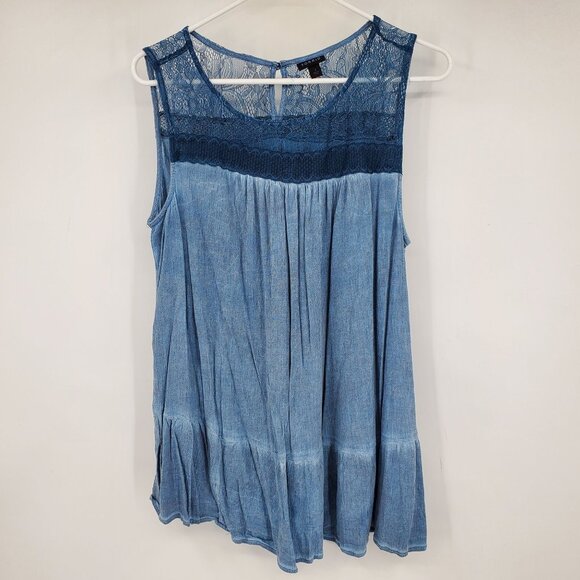 Torrid Midnight Scoop Neck Blue Sleeveless Gauze Lace Trim Tank Top Shirt 1X - Picture 1 of 7